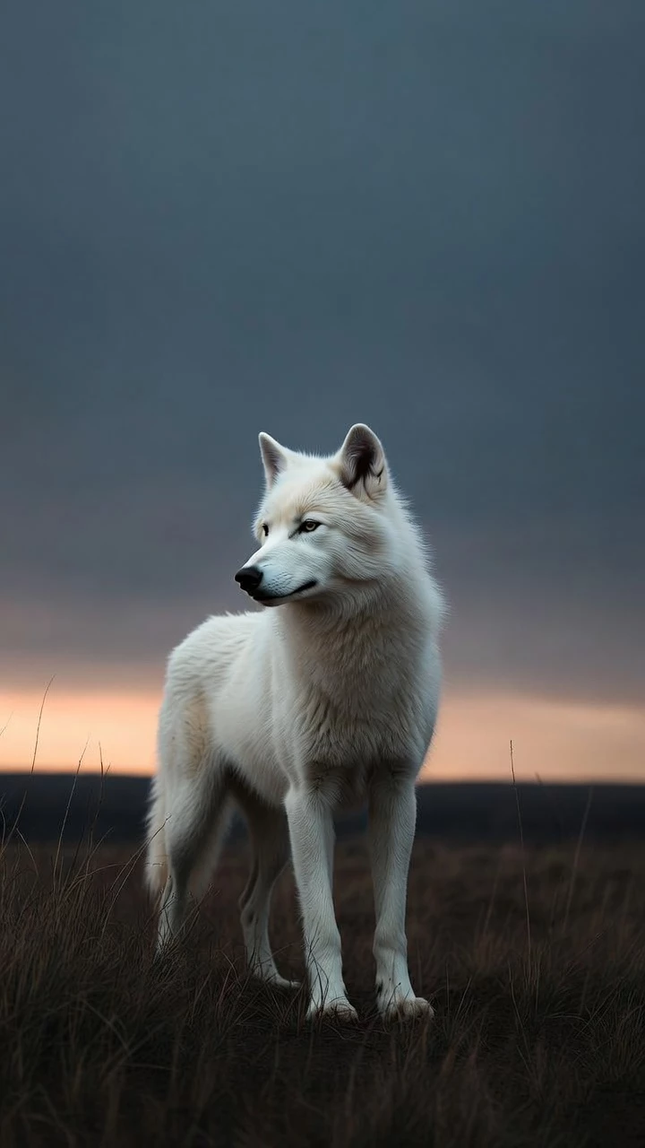 Un Loup Blanc Dans Un Vaste Environnement Ouvert Au Crepuscule