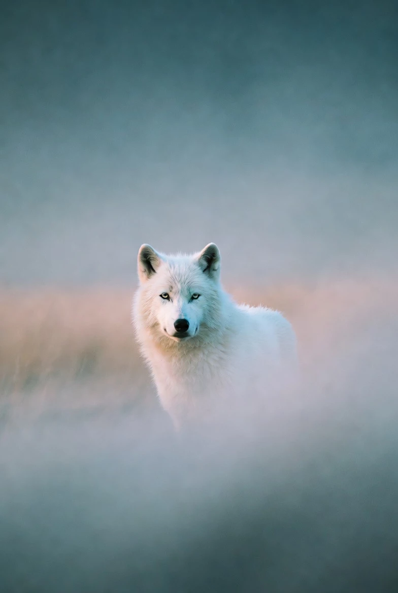 Un Loup Blanc Dans Un Vaste Environnement Ouvert Avec Une Lumiere Crepusculaire