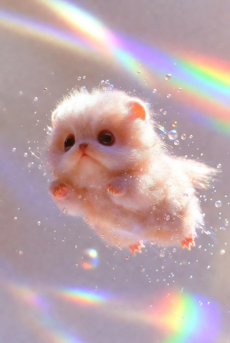 A Cute Fluffy Creature Floats In Mid Air With Bubbles In A Dreamy Surreal Atmosphere