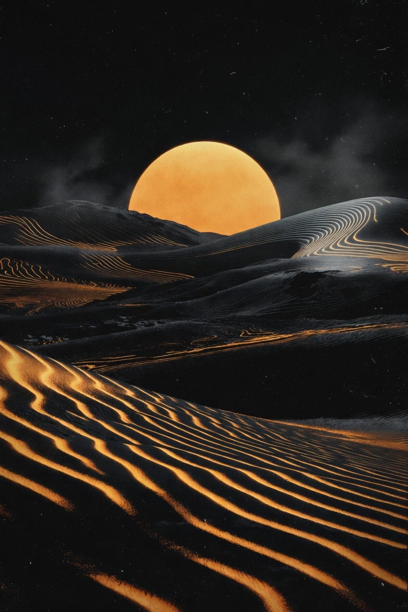 Une Photographie Noir Stylisee D Un Desert Desole Avec Un Soleil Ambre Et Des