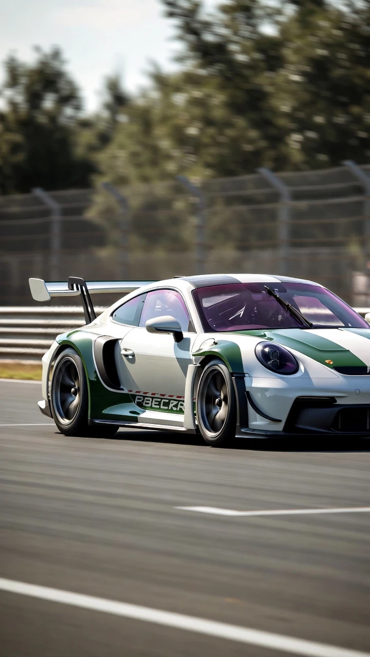 Porsche 911 Gt3 Voiture Course Verte Blanche Circuit Vitesse Mobile