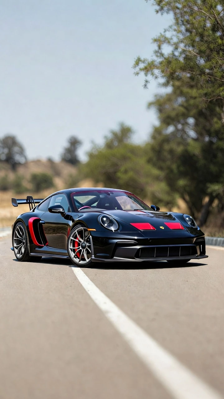 Porsche 911 Gt3 Voiture Sport Noire Rouge Route Mobile