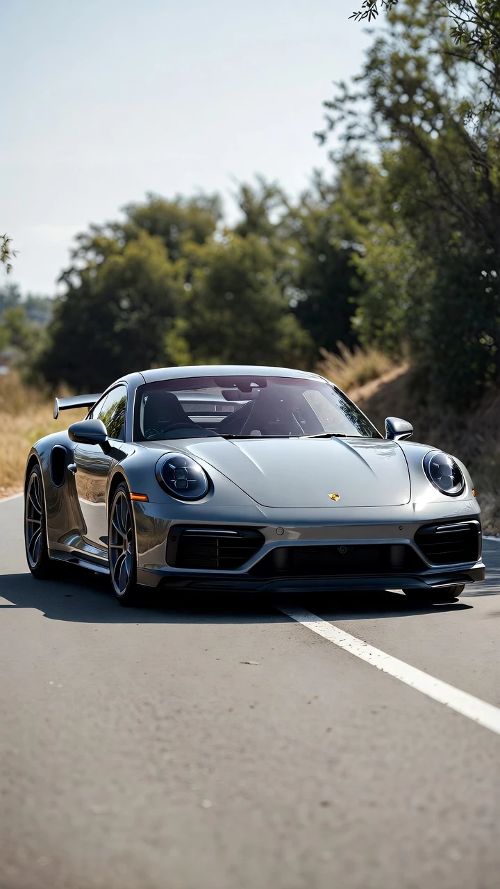 Porsche 911 Voiture Sport Grise Route Arbres Mobile
