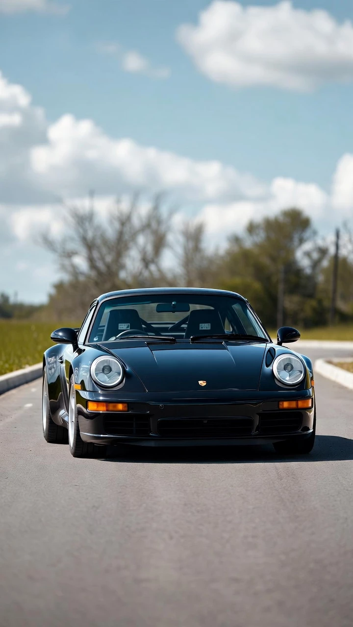 Porsche 911 Voiture Sport Noire Route Ciel Bleu Mobile