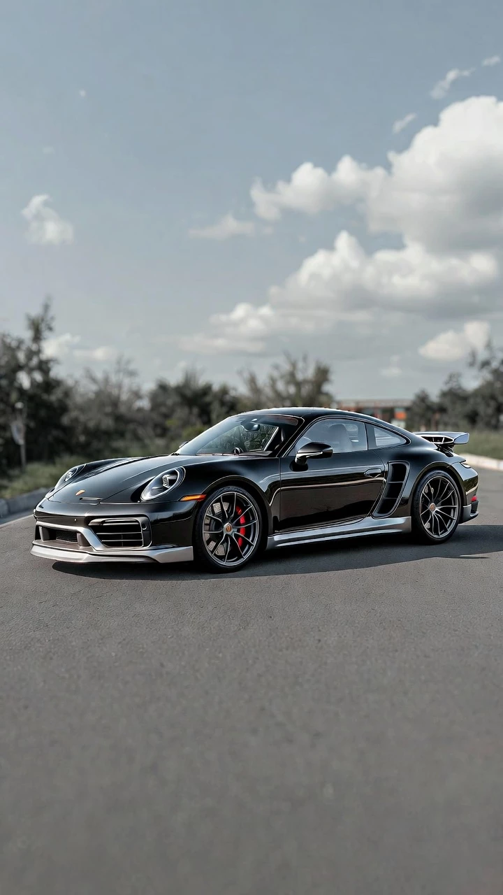 Porsche 911 Voiture Sport Noire Route Ciel Nuageux Mobile