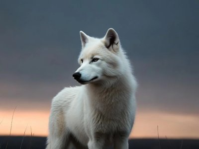 Un Loup Blanc Dans Un Vaste Environnement Ouvert Au Crepuscule