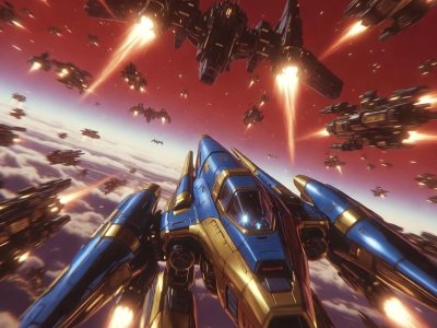 A Cel Shaded Anime Illustration Of Jehuty A Blue And Gold Mecha In Combat