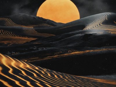 Une Photographie Noir Stylisee D Un Desert Desole Avec Un Soleil Ambre Et Des